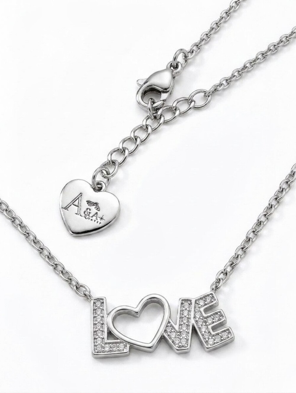 Rhodium-Finished 925 Sterling Silver Pavé LOVE Necklace Open Heart | AAQuatif